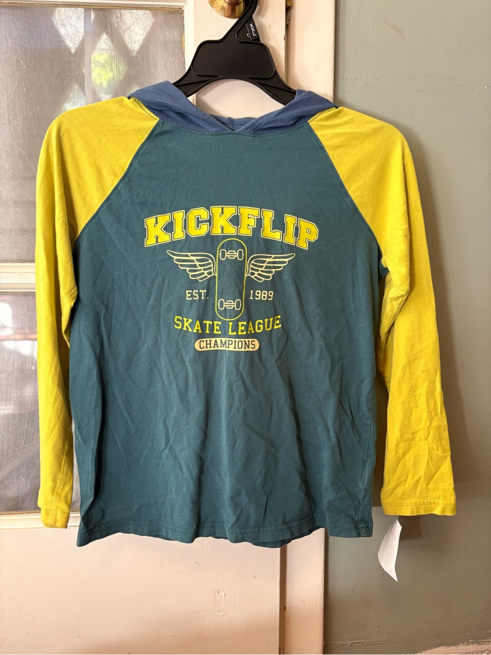 Kids' Hooded Raglan Tee - Teal & Yellow lands end